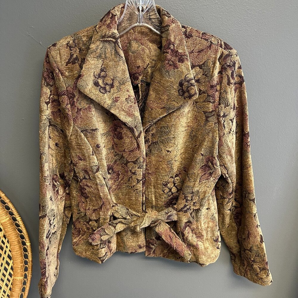 Vintage Tapestry‎ Floral Tie Front Blazer Jacket Womens Medium Victorian